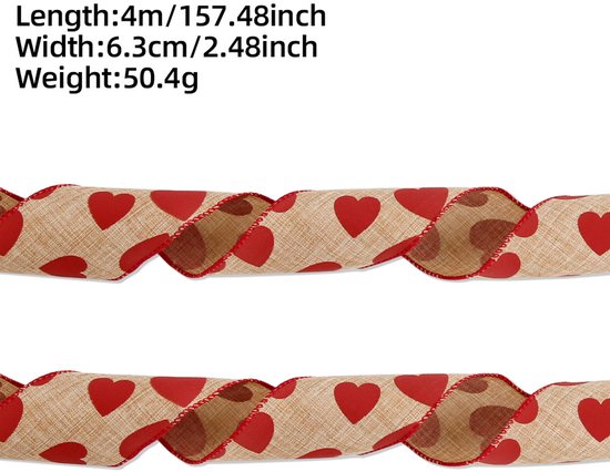 Valentine's Day Ribbons - 3 Rolls - Handmade Ribbons - Heart Pattern - Natural Texture - Suitable for wrapping flowers and party decorations （4m） - Image 6