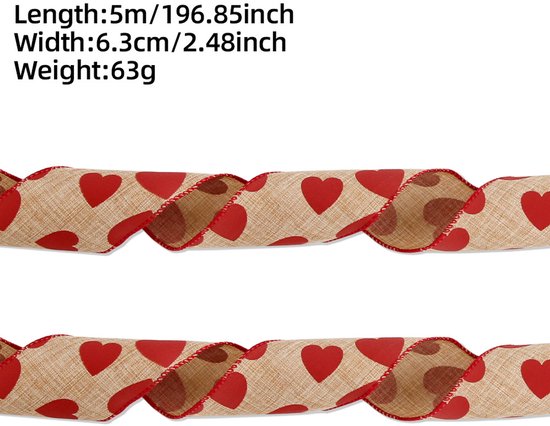 Valentine's Day Ribbons - 3 Rolls - Handmade Ribbons - Heart Pattern - Natural Texture - Suitable for Wrapping Flowers and Party Decorations （5m） - Image 6