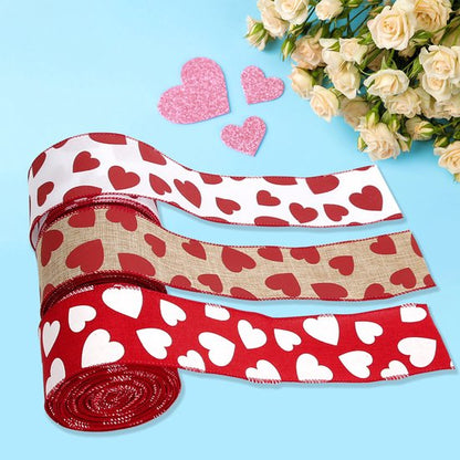 Valentine's Day Ribbons - 3 Rolls - Handmade Ribbons - Heart Pattern - Natural Texture - Suitable for Wrapping Flowers and Party Decorations （10m）