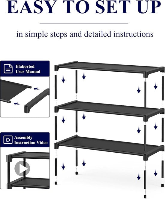 Shoe Rack - 3-Tier Storage Rack - Stackable - 27.5 Inch Wide - Black - Image 2