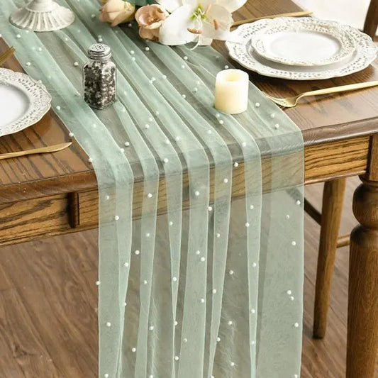 Light Green Table Veil with White Pearls - Silky Gauze 30x120 Inches - For Weddings, Parties & Table Decorations