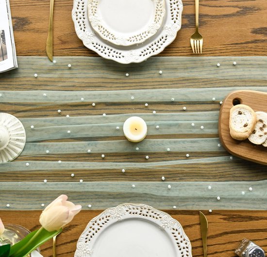 Light Green Table Veil with White Pearls - Silky Gauze 30x120 Inches - For Weddings, Parties & Table Decorations - Image 2