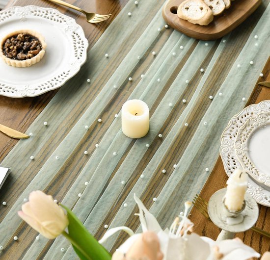 Light Green Table Veil with White Pearls - Silky Gauze 30x120 Inches - For Weddings, Parties & Table Decorations - Image 5
