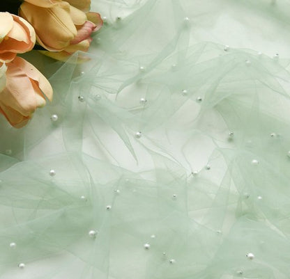 Light Green Table Veil with White Pearls - Silky Gauze 30x120 Inches - For Weddings, Parties & Table Decorations - Image 6