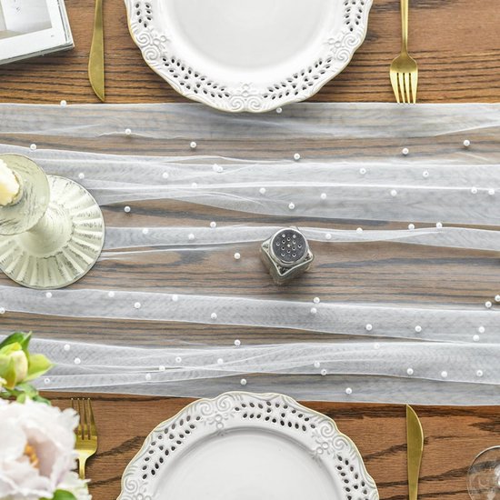 White Table Veil with White Pearls - Silky Gauze 30x120 Inches - For Weddings, Parties & Table Decorations - Image 2