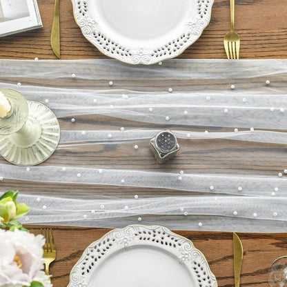 White Table Veil with White Pearls - Silky Gauze 30x120 Inches - For Weddings, Parties & Table Decorations - Image 2