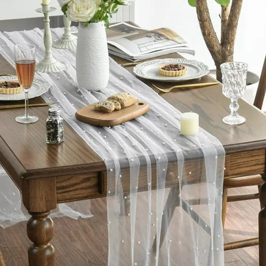 White Table Veil with White Pearls - Silky Gauze 30x120 Inches - For Weddings, Parties & Table Decorations - Image 3