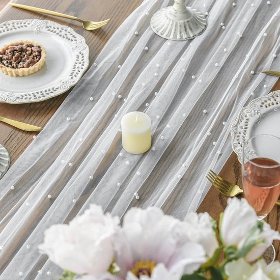White Table Veil with White Pearls - Silky Gauze 30x120 Inches - For Weddings, Parties & Table Decorations - Image 4