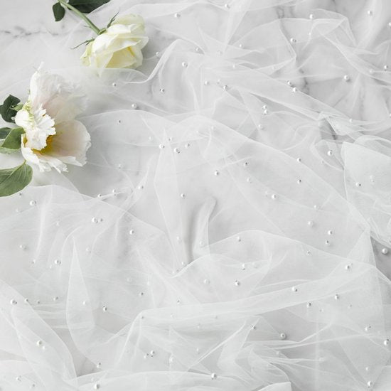 White Table Veil with White Pearls - Silky Gauze 30x120 Inches - For Weddings, Parties & Table Decorations - Image 6