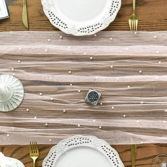 Pink Table Veil with White Pearls - Silky Gauze 30x120 Inches - For Weddings, Parties & Table Decorations - Image 2
