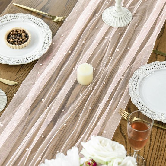 Pink Table Veil with White Pearls - Silky Gauze 30x120 Inches - For Weddings, Parties & Table Decorations - Image 4