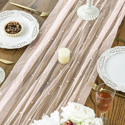 Pink Table Veil with White Pearls - Silky Gauze 30x120 Inches - For Weddings, Parties & Table Decorations - Image 4