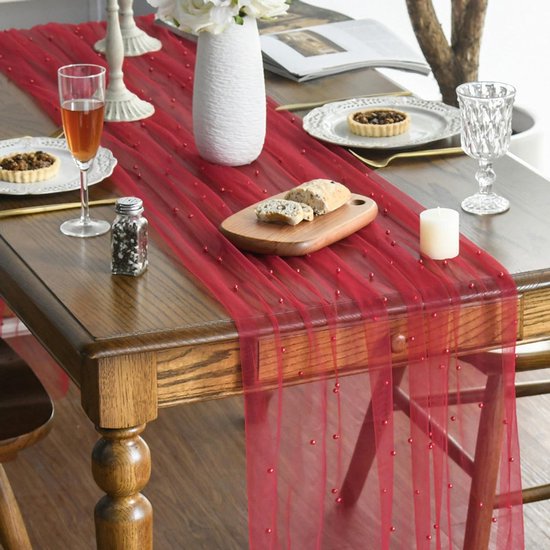 Red Table Veil with White Pearls - Silky Gauze 30x120 Inches - For Weddings, Parties & Table Decorations - Image 3