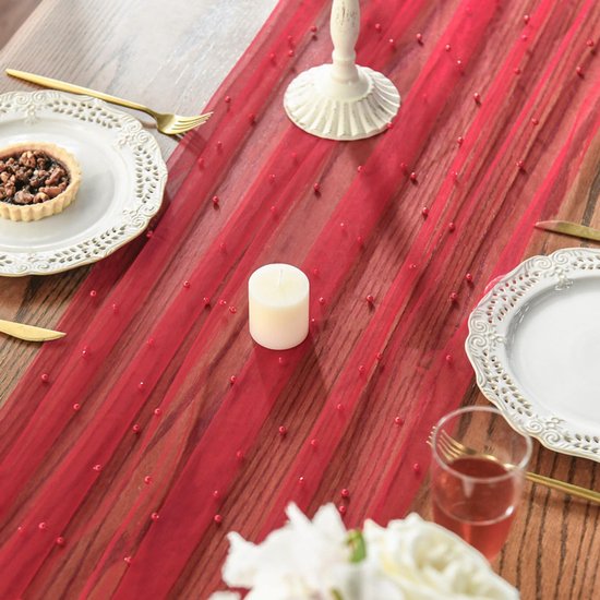 Red Table Veil with White Pearls - Silky Gauze 30x120 Inches - For Weddings, Parties & Table Decorations - Image 4