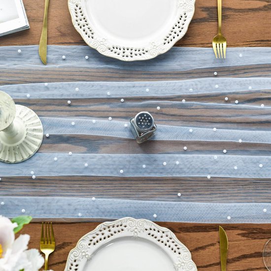 Light Blue Table Veil with White Pearls - Silky Gauze 30x120 Inches - For Weddings, Parties & Table Decorations - Image 2