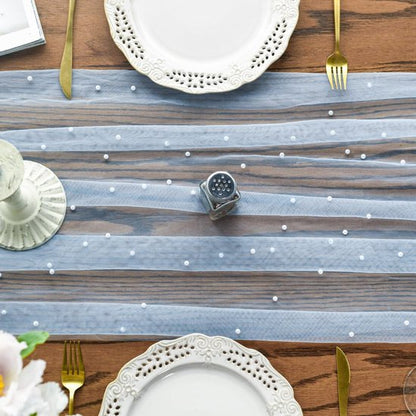 Light Blue Table Veil with White Pearls - Silky Gauze 30x120 Inches - For Weddings, Parties & Table Decorations - Image 2