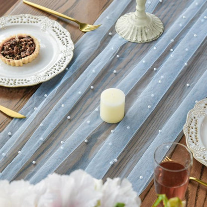 Light Blue Table Veil with White Pearls - Silky Gauze 30x120 Inches - For Weddings, Parties & Table Decorations - Image 4