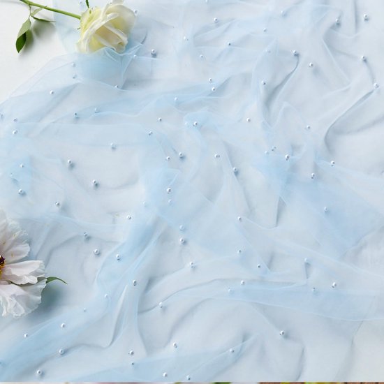 Light Blue Table Veil with White Pearls - Silky Gauze 30x120 Inches - For Weddings, Parties & Table Decorations - Image 6