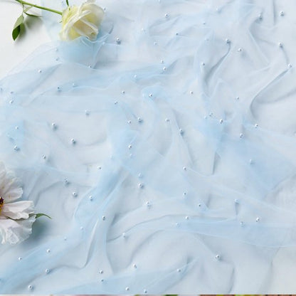 Light Blue Table Veil with White Pearls - Silky Gauze 30x120 Inches - For Weddings, Parties & Table Decorations - Image 6