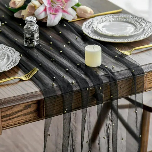Black Table Veil with White Pearls - Silky Gauze 30x120 Inches - For Weddings, Parties & Table Decorations