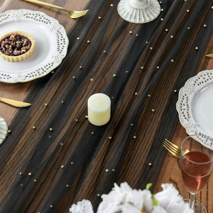 Black Table Veil with White Pearls - Silky Gauze 30x120 Inches - For Weddings, Parties & Table Decorations - Image 4