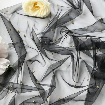 Black Table Veil with White Pearls - Silky Gauze 30x120 Inches - For Weddings, Parties & Table Decorations - Image 6