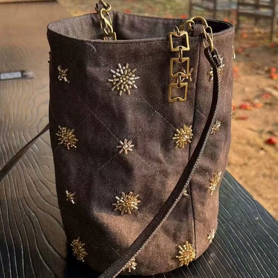 Checked and Embroidery Bucket Bag - Denim Shoulder Bag - Adjustable Strap & Handle - 14x21 cm - Image 2