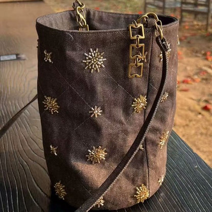 Checked and Embroidery Bucket Bag - Denim Shoulder Bag - Adjustable Strap & Handle - 14x21 cm - Image 2
