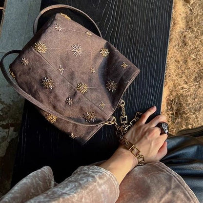 Checked and Embroidery Bucket Bag - Denim Shoulder Bag - Adjustable Strap & Handle - 14x21 cm - Image 4