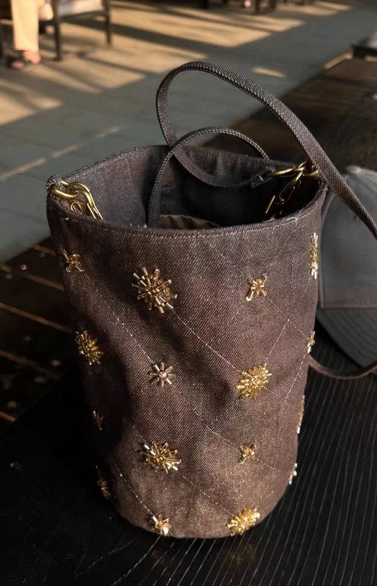 Checked and Embroidery Bucket Bag - Denim Shoulder Bag - Adjustable Strap & Handle - 14x21 cm - Image 5