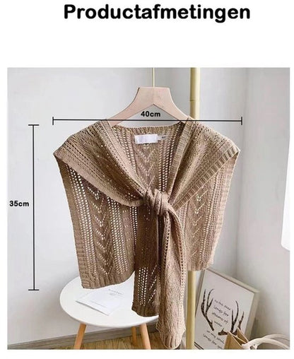Knitted Openwork Shoulder Dress - Lightweight Cardigan & Scarf in One - Solid Color Goes With Everything - Beige - Image 2