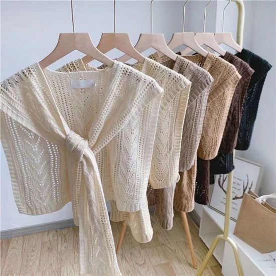 Knitted Openwork Shoulder Dress - Lightweight Cardigan & Scarf in One - Solid Color Goes With Everything - Beige - Image 3