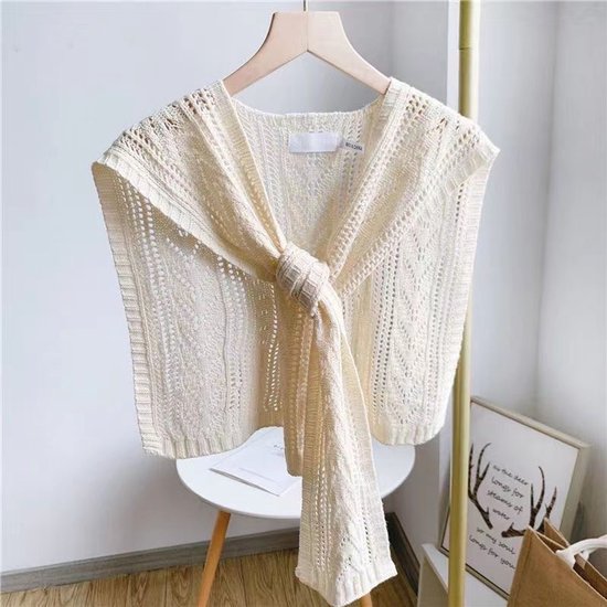 Knitted Openwork Shoulder Dress - Lightweight Cardigan & Scarf in One - Solid Color Goes With Everything - White