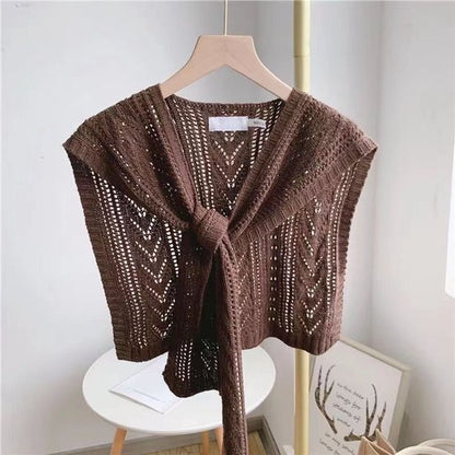 Knitted Openwork Shoulder Dress - Lightweight Cardigan & Scarf in One - Solid Color Goes With Everything - coffee