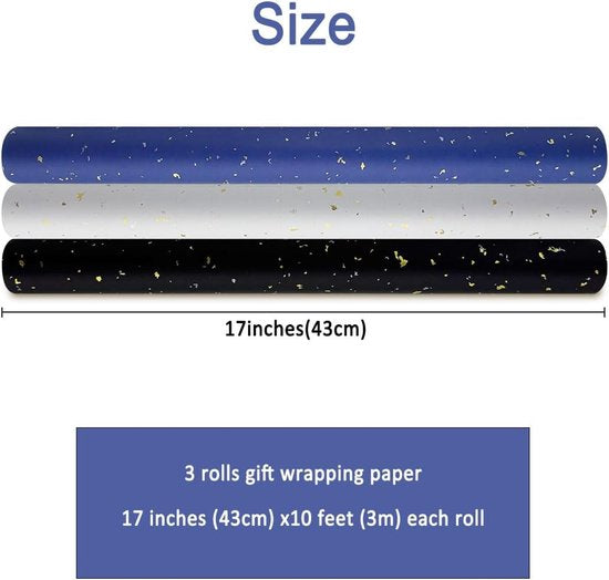 3 Rolls of Birthday Wrapping Paper - 43cm x 3m Per Roll - Blue, White & Black - Large Roll of Recyclable Paper - Image 3