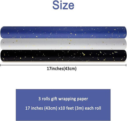 3 Rolls of Birthday Wrapping Paper - 43cm x 3m Per Roll - Blue, White & Black - Large Roll of Recyclable Paper - Image 3