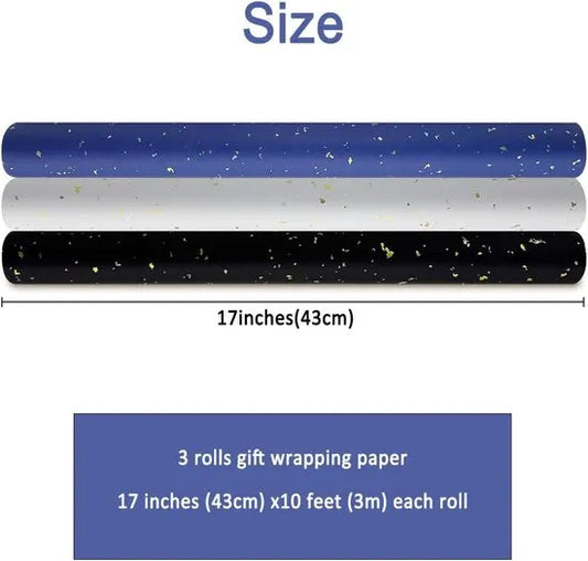 3 Rolls of Birthday Wrapping Paper - 43cm x 3m Per Roll - Blue, White & Black - Large Roll of Recyclable Paper - Image 3