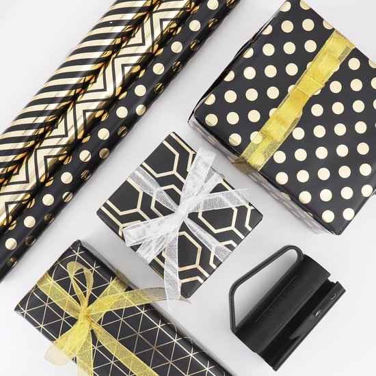 Wrapping Paper Set - 6 Rolls Gold & Black Christmas - Includes Ribbon & Stickers - 43x300 cm Per Roll - Image 2