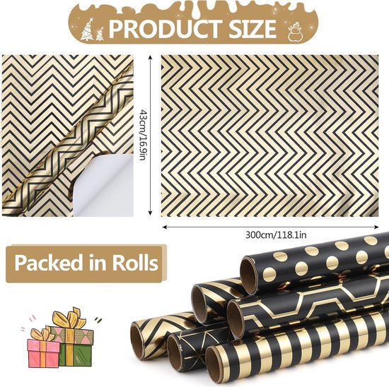 Wrapping Paper Set - 6 Rolls Gold & Black Christmas - Includes Ribbon & Stickers - 43x300 cm Per Roll - Image 3
