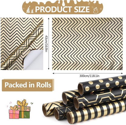 Wrapping Paper Set - 6 Rolls Gold & Black Christmas - Includes Ribbon & Stickers - 43x300 cm Per Roll - Image 3