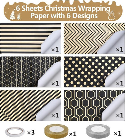 Wrapping Paper Set - 6 Rolls Gold & Black Christmas - Includes Ribbon & Stickers - 43x300 cm Per Roll - Image 4