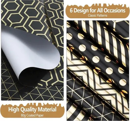 Wrapping Paper Set - 6 Rolls Gold & Black Christmas - Includes Ribbon & Stickers - 43x300 cm Per Roll - Image 7
