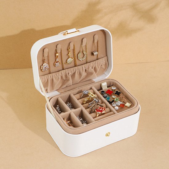 Travel Jewelry Case - 2 Layers with Velvet & Detachable Compartments - For Necklaces, Earrings & Bracelets - White - Image 4