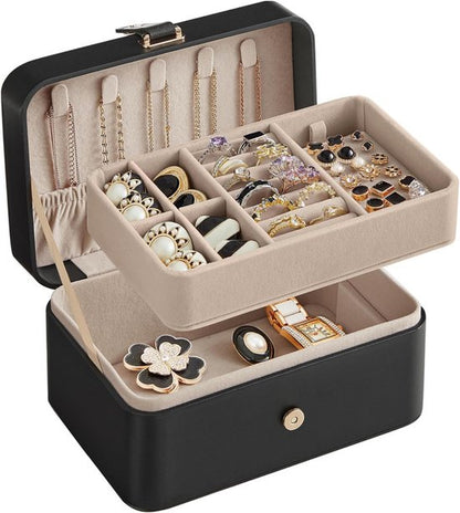 Travel Jewelry Case - 2 Layers with Velvet & Detachable Compartments - For Necklaces, Earrings & Bracelets - Black