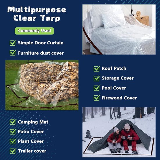 Waterproof Tarpaulin - Transparent - Durable tarpaulin with 10x10 eyelets, Large (Small) transparent tarpaulin for outdoor use - Suitable for camping/patio/fencing, chicken coop, garden plants, tear-resistant tarpaulin - Image 3