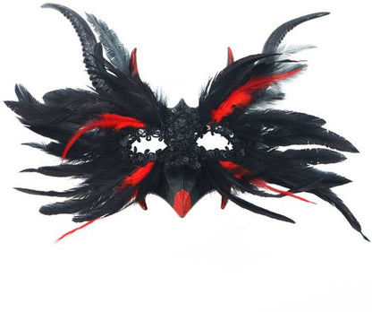 Mask - New for Halloween - Gothic Style - Mask with Decorative Feather Lace - Devil's Horn Mask - Role-playing Prop
