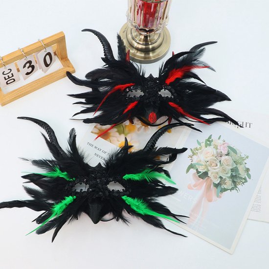 Mask - New for Halloween - Gothic Style - Mask with Decorative Feather Lace - Devil's Horn Mask - Role-playing Prop - Image 2