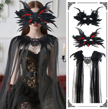 Mask - New for Halloween - Gothic - Mask with decorative feather lace - Devil's horn mask - Role-playing prop - Black - Image 2