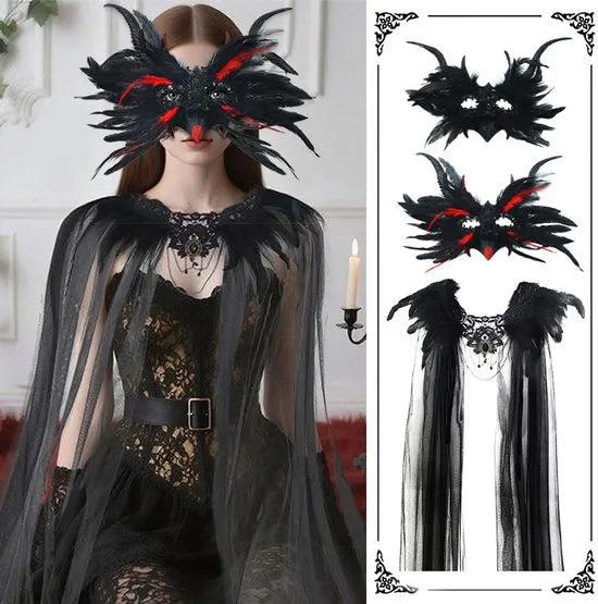 Mask - New for Halloween - Gothic - Mask with decorative feather lace - Devil's horn mask - Role-playing prop - Black - Image 2