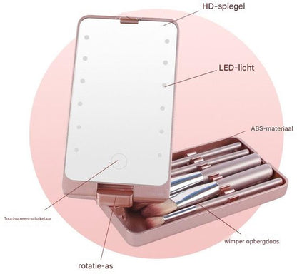 LED Makeup Mirror - Lighted Makeup Mirror - Set of 5 Makeup Brushes - Brush Storage - Cover - Dustproof - Pink - Image 2